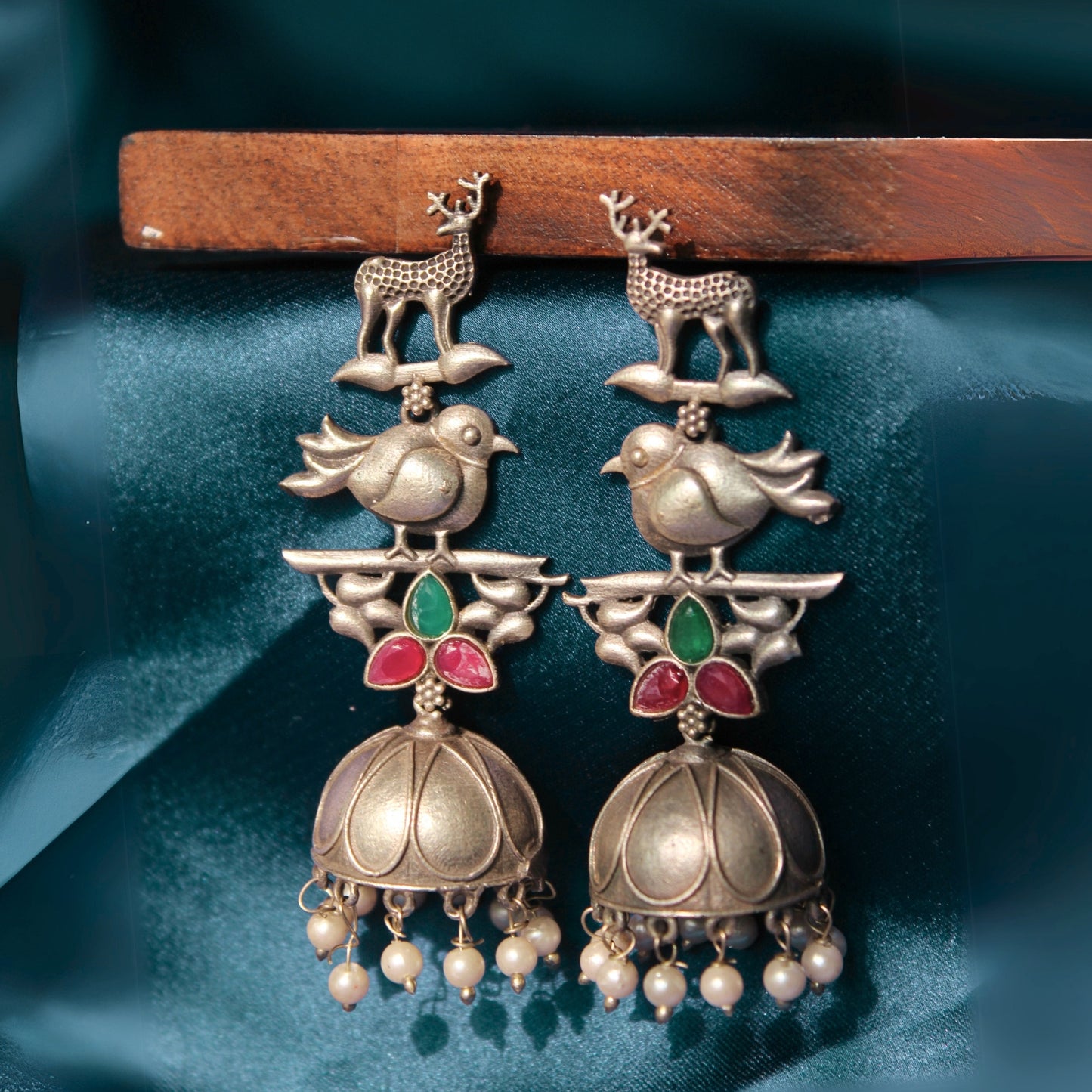 Silva Sutra Deer & Bird Stonework Jhumka