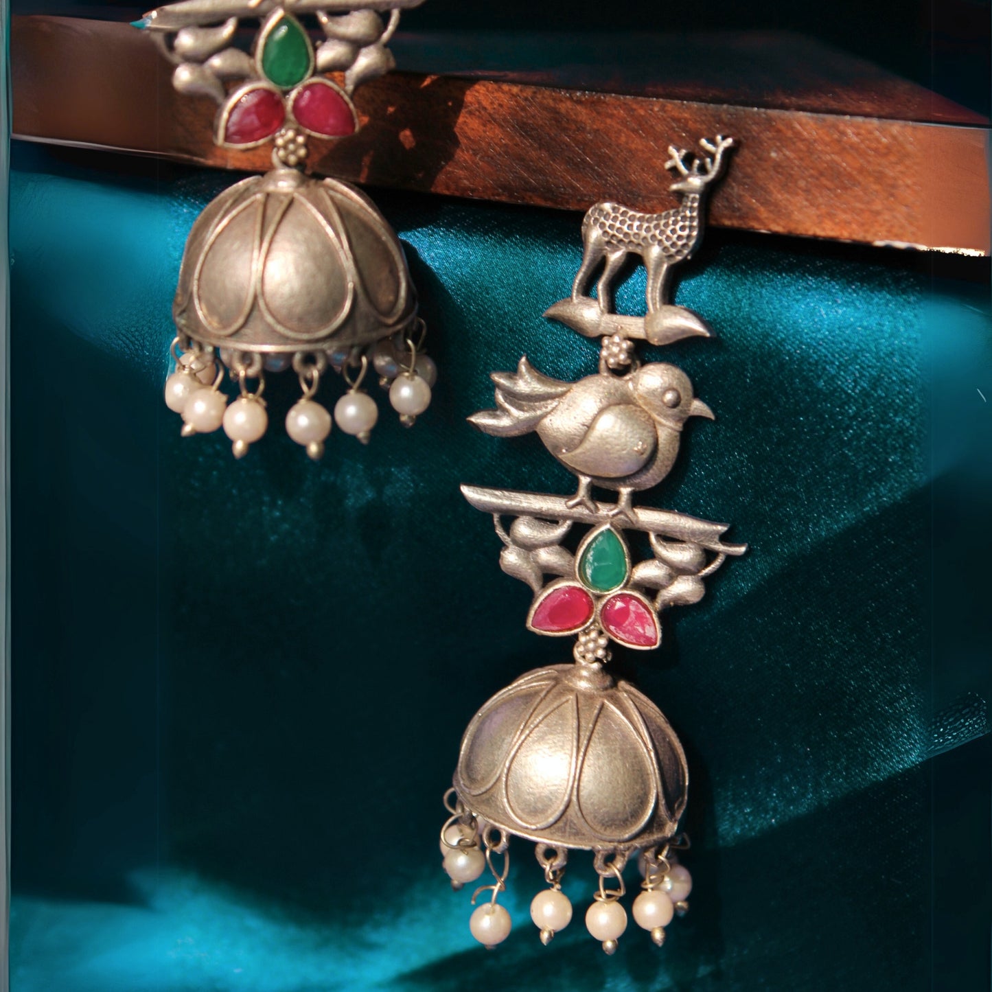 Silva Sutra Deer & Bird Stonework Jhumka