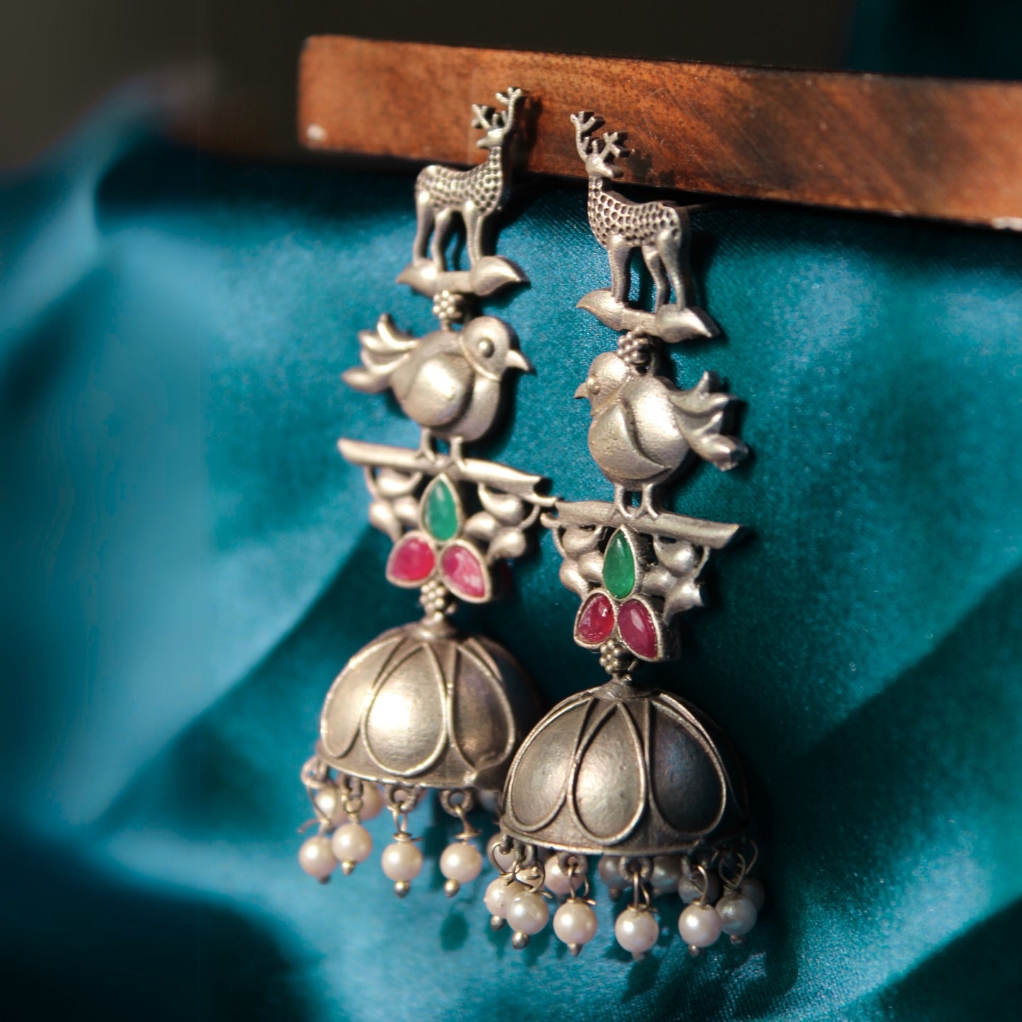 Silva Sutra Deer & Bird Stonework Jhumka