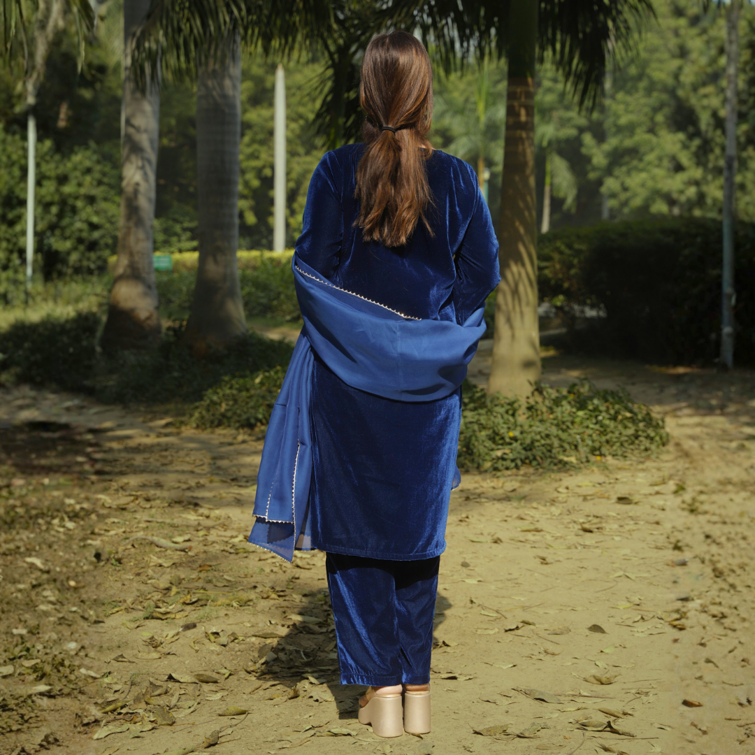 Blue Velvet Hand embroidered Kurta set with dupatta