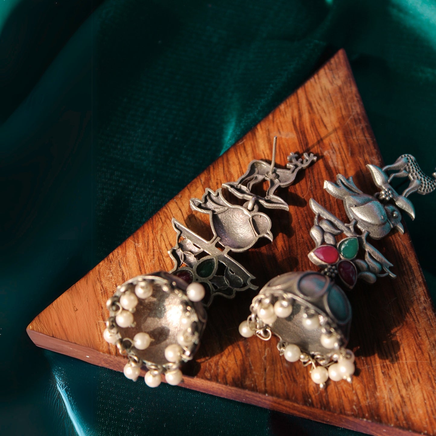 Silva Sutra Deer & Bird Stonework Jhumka