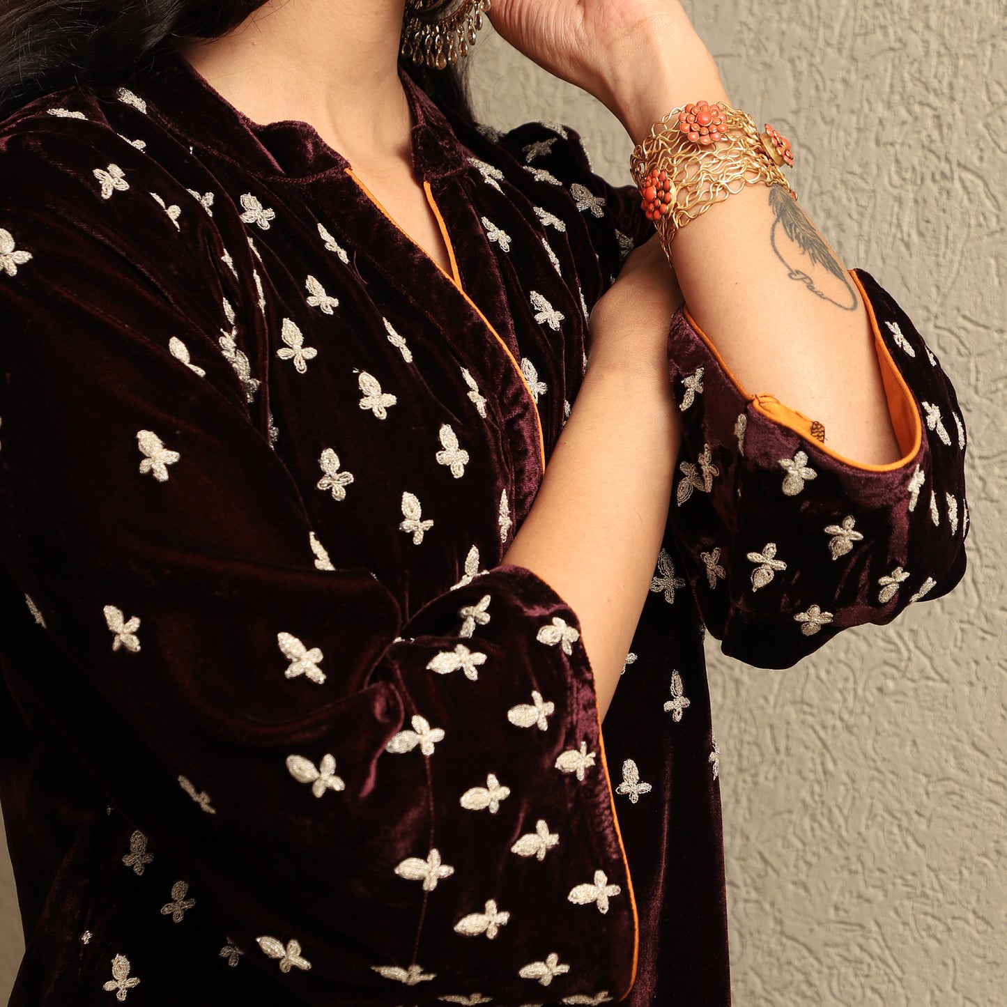 Wine Embroidered Silk Velvet Kurta Set with Mashru Silk Pants & Organza Dupatta