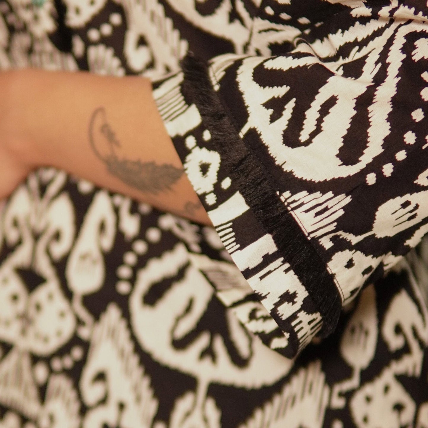 Black ikat printed kurta with overlapped pants
