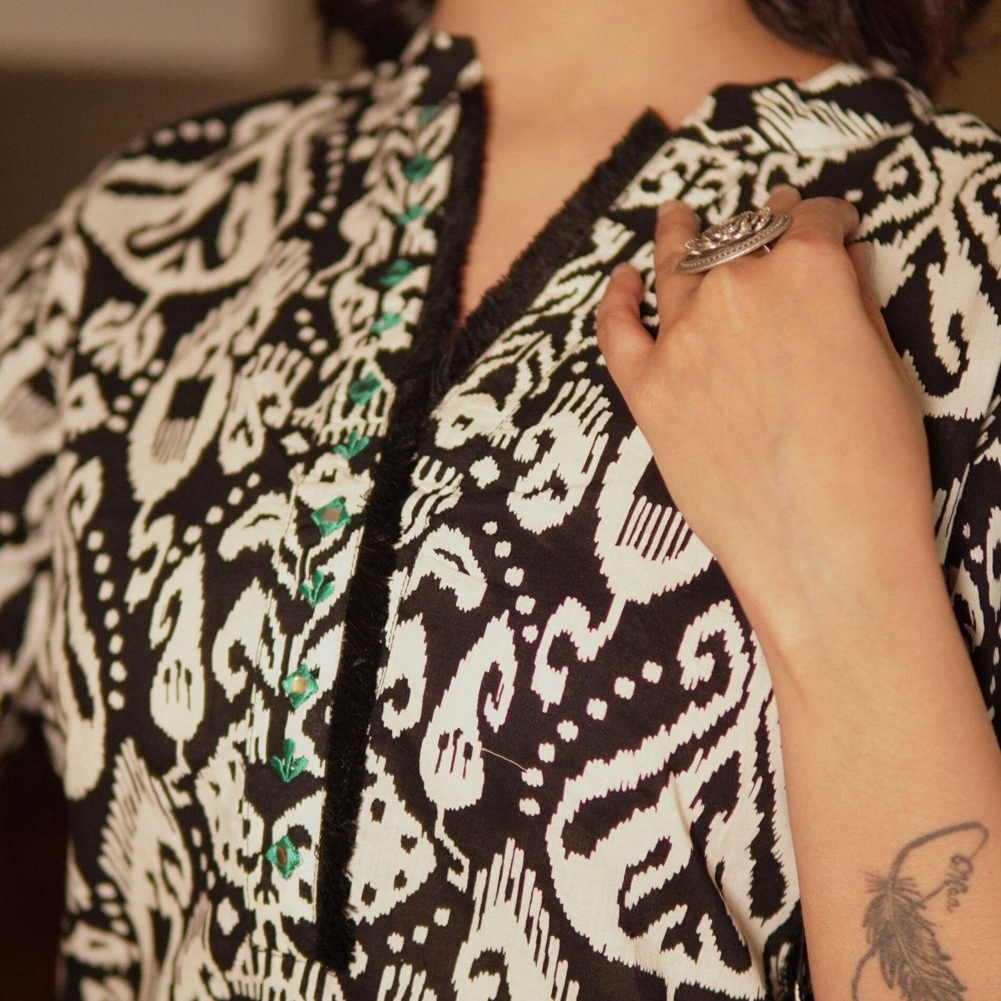 Black ikat printed kurta with overlapped pants