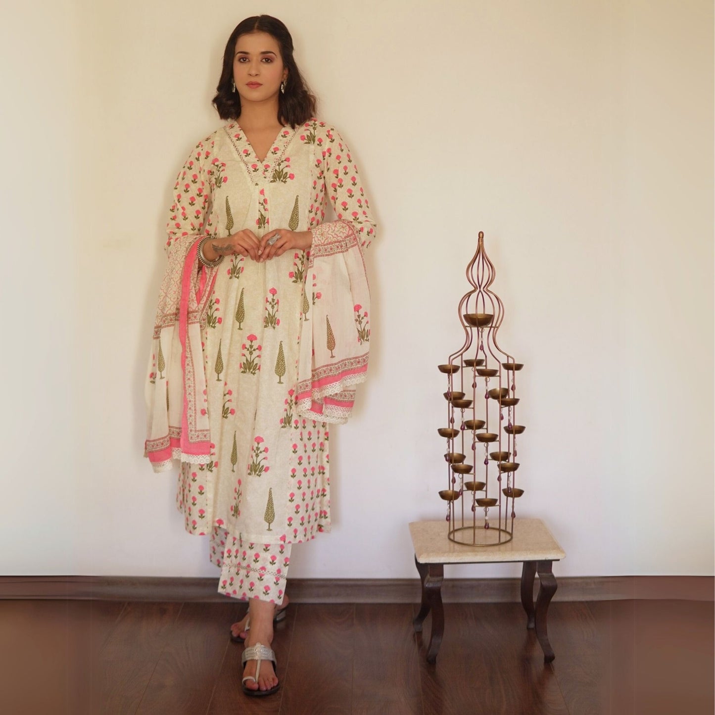 Pink A-line Kali mughal printed Suit Set with dupatta