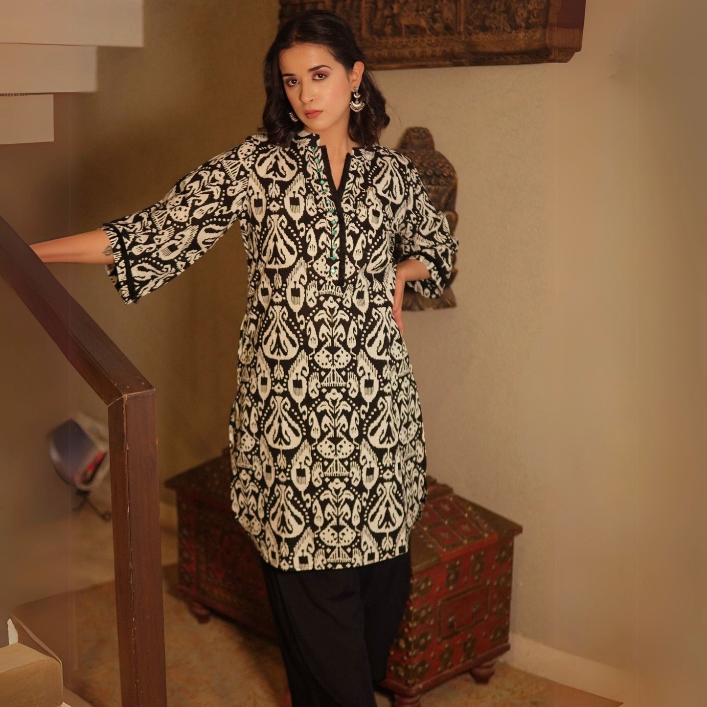 Black ikat printed kurta with overlapped pants