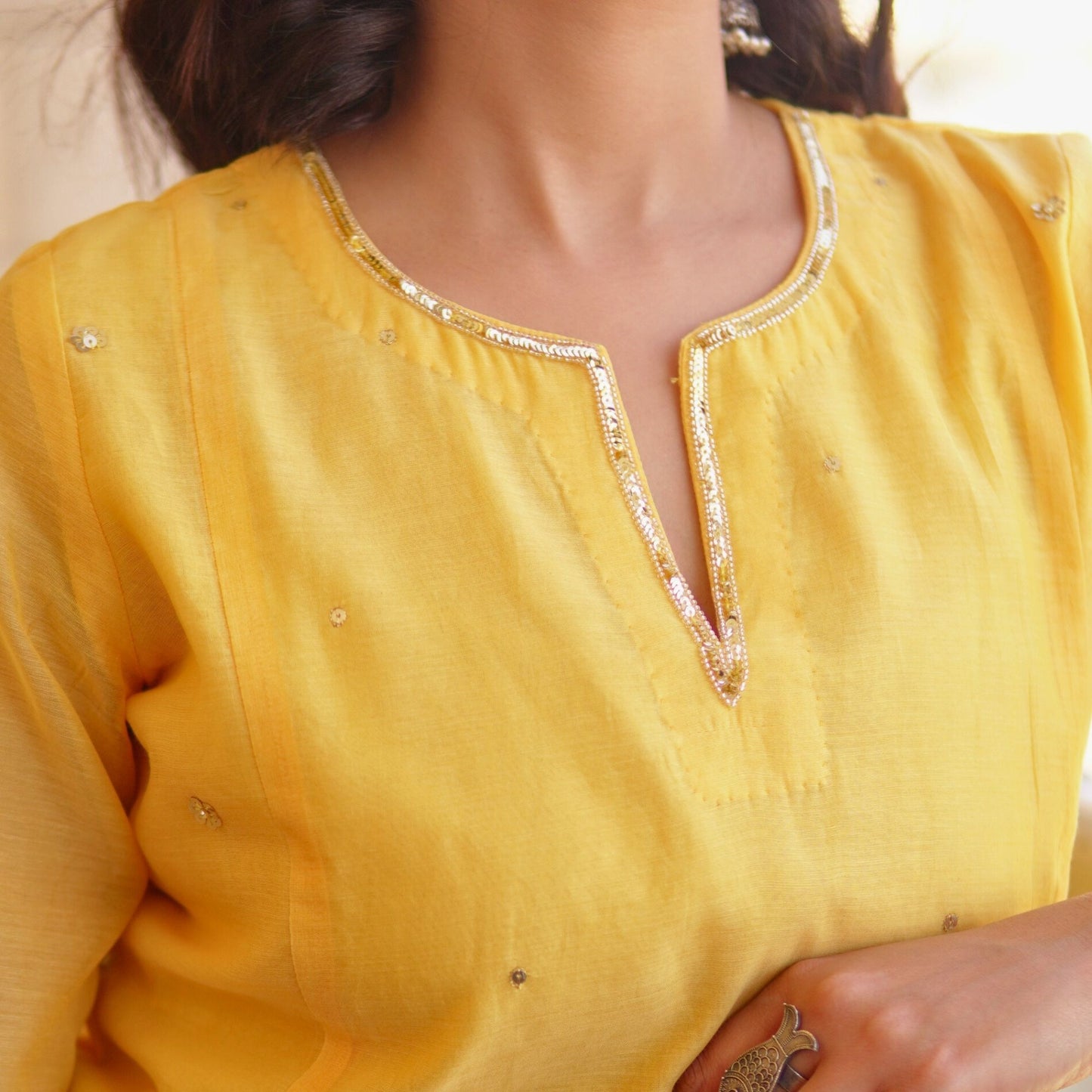 Yellow Chanderi Hand Embellished A-line Kurta