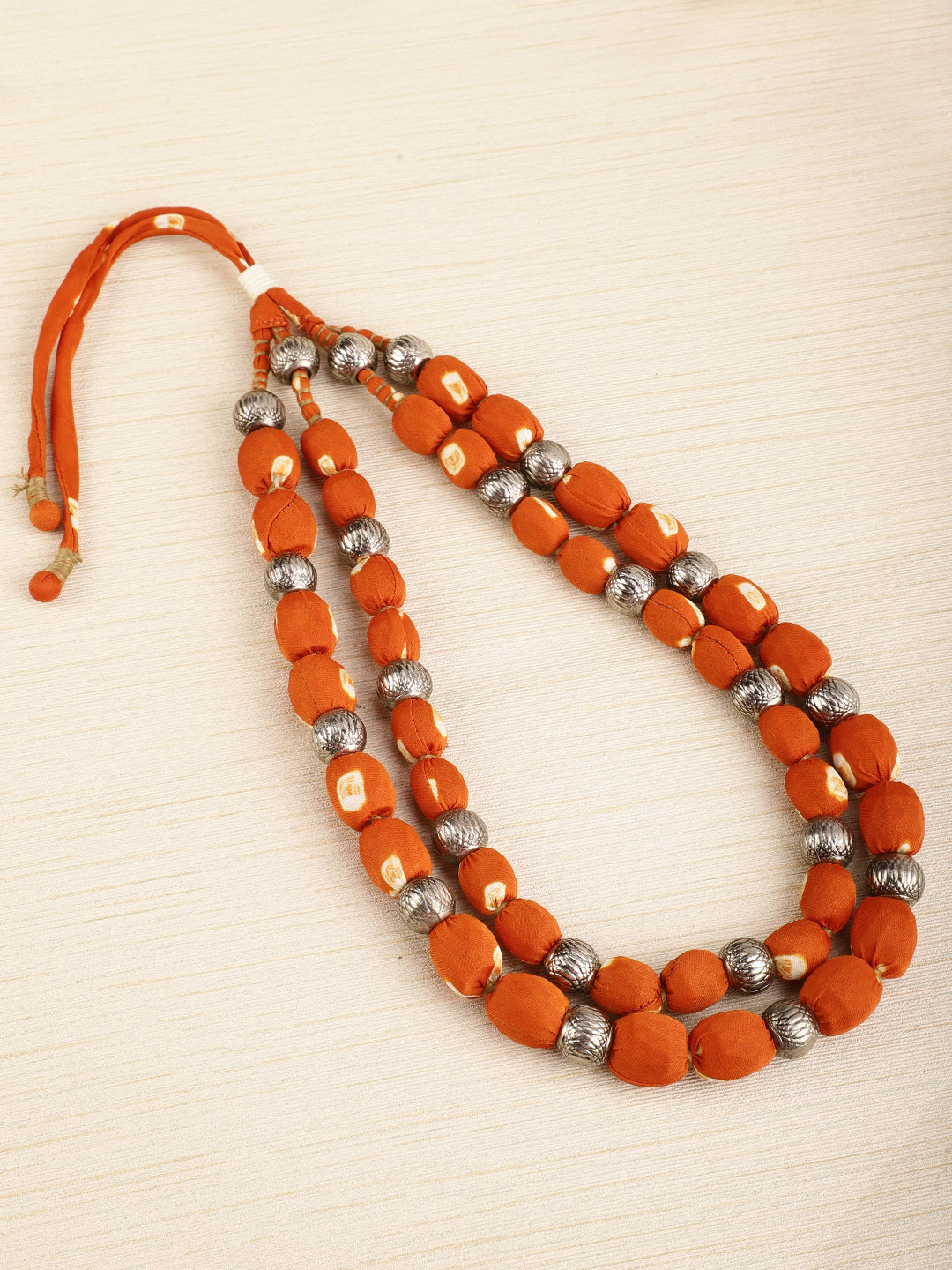 2 layer fabric beaded necklace in bandhni