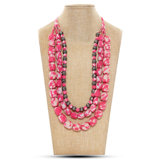 3 layer fabric beaded necklace in shibori