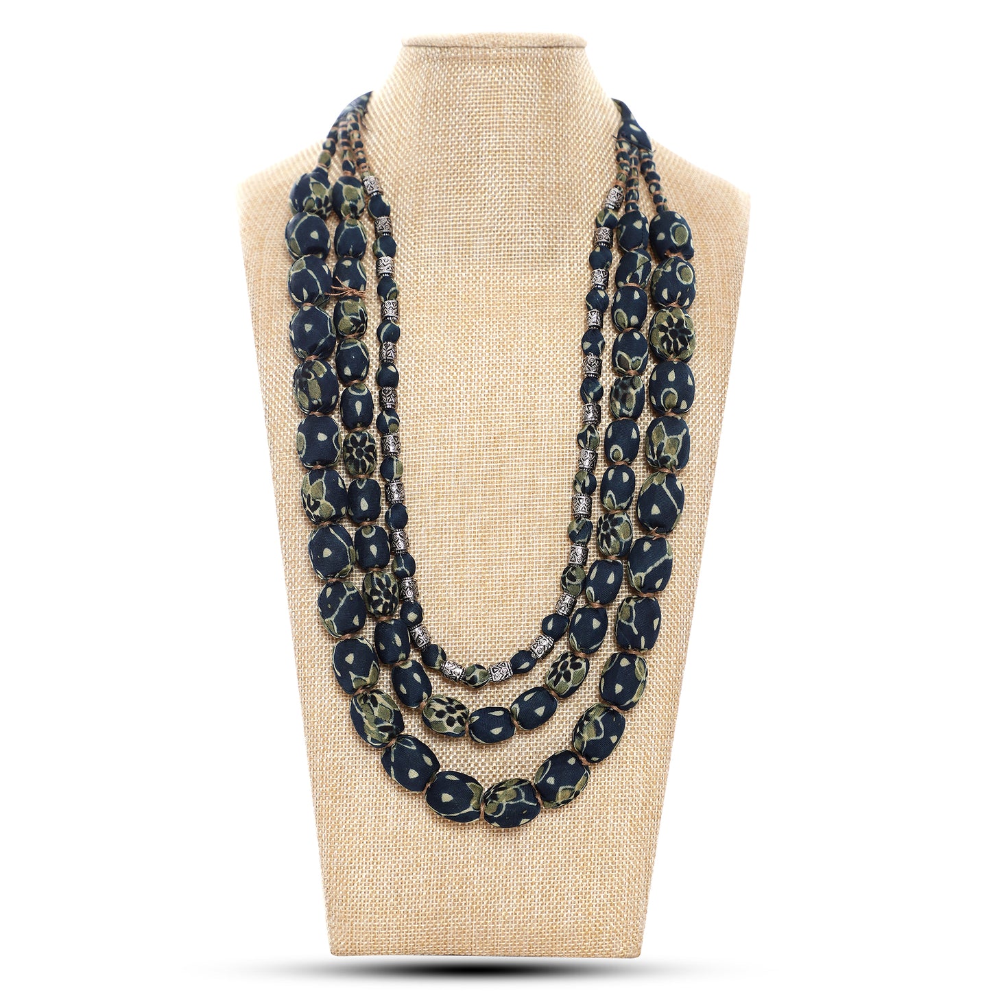 3 layer fabric beaded necklace in ajrakh silk