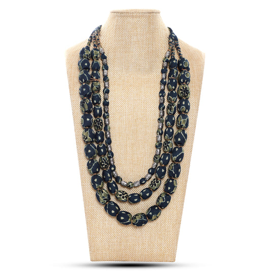 3 layer fabric beaded necklace in ajrakh silk