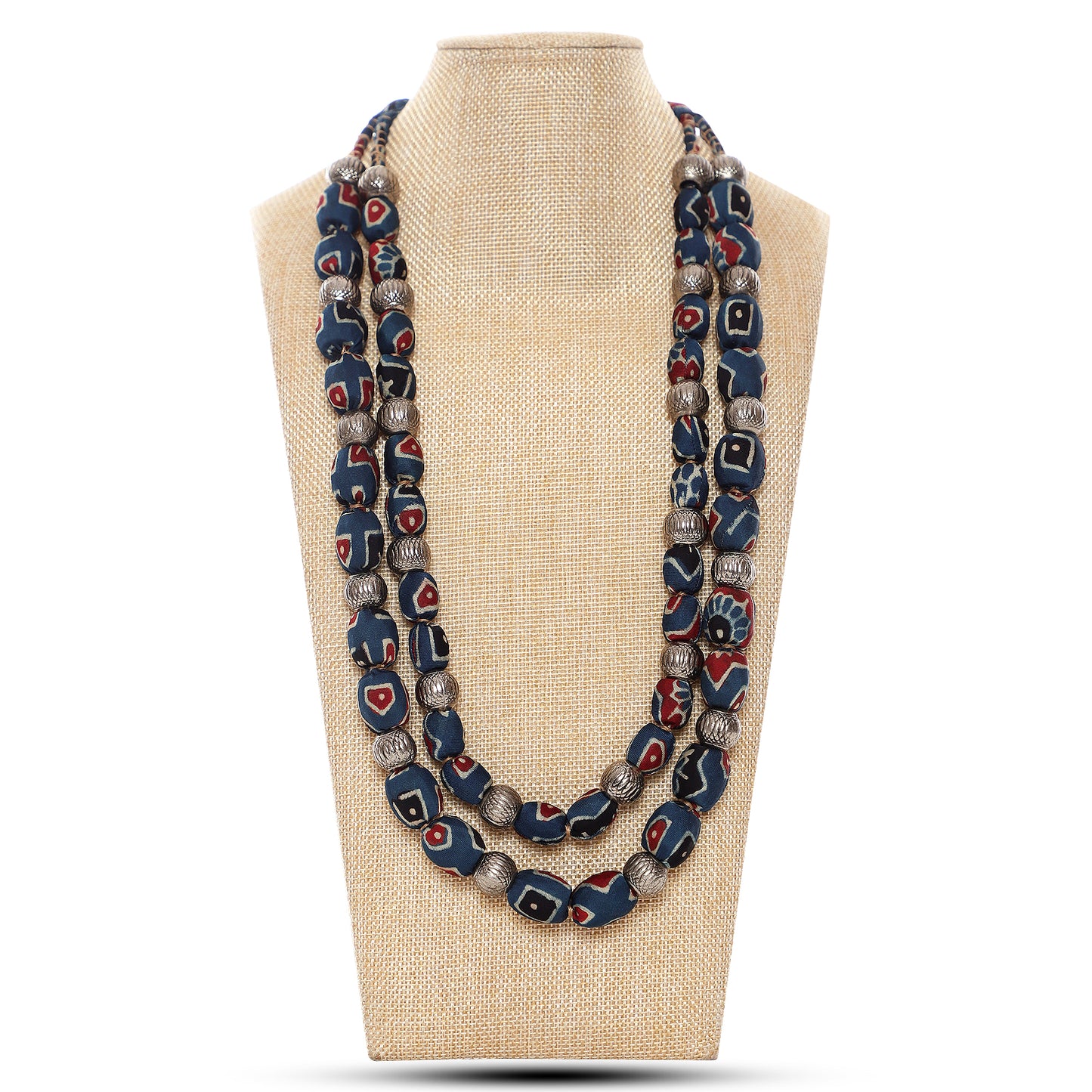 2 layer fabric beaded necklace in ajrakh silk