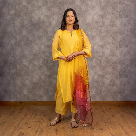 Yellow Chanderi Hand Embellished A-line Kurta set with Dupatta