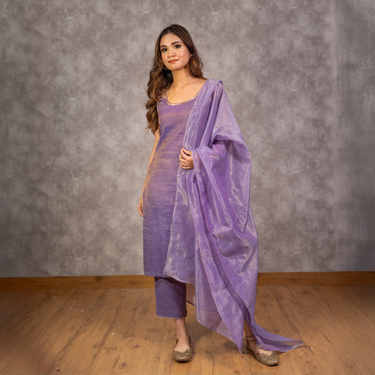 Purple Tissue Chanderi Tonal Kurta set with Dupatta
