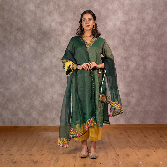 Dark green Tissue Chanderi Kurta set with matching dupatta