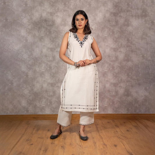White Chanderi Mirrorwork embroidered Kurta set