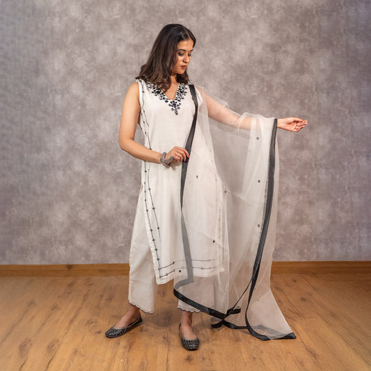 White Chanderi Mirrorwork embroidered Kurta set with Dupatta