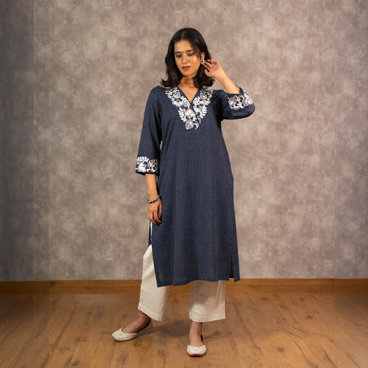 Navy Kantha Cotton Kurta set with White Pants