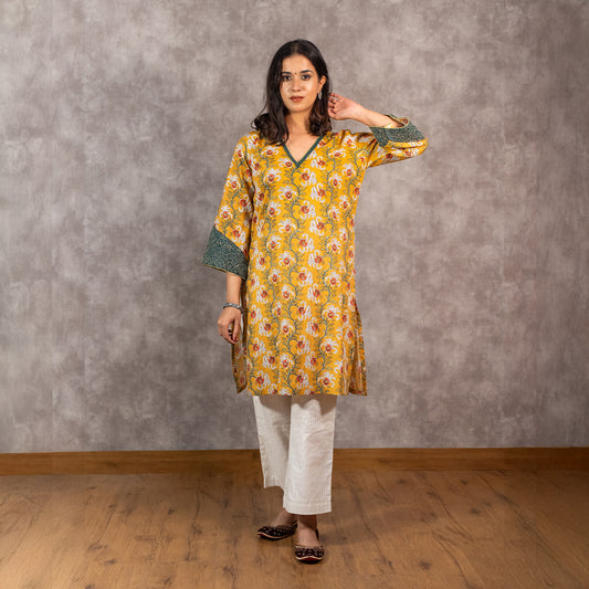 Yellow Kantha Textured Printed kurta Set