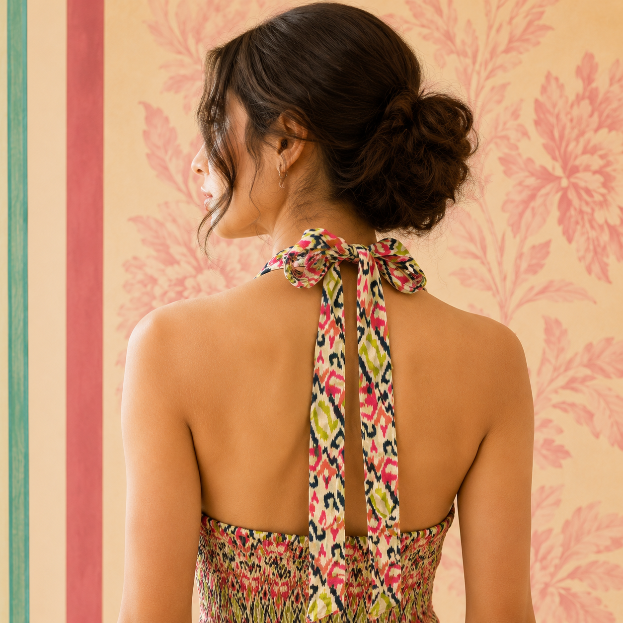 Multicolored Ikat Halter Neck Dress