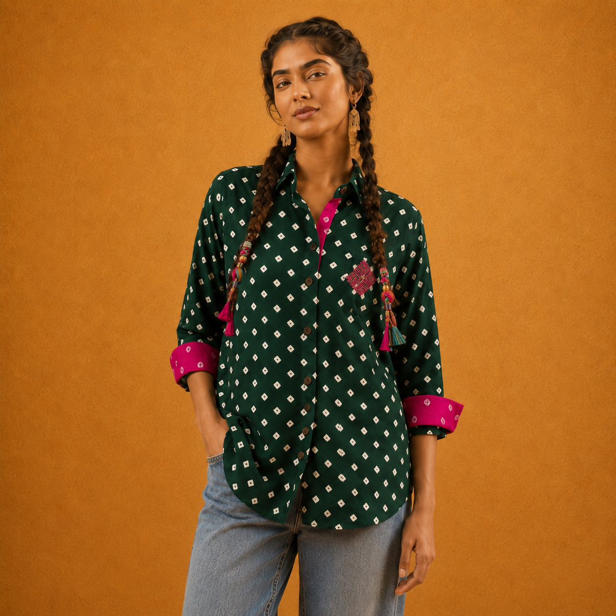 Green Bandhani Hand-Embroidered Shirt