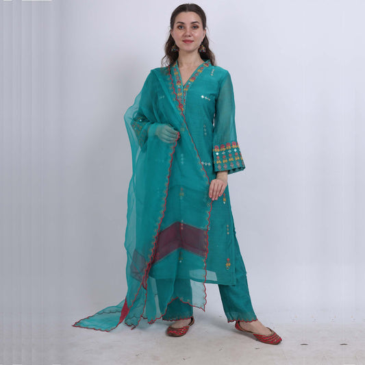 Chanderi embroidered set with organza dupatta