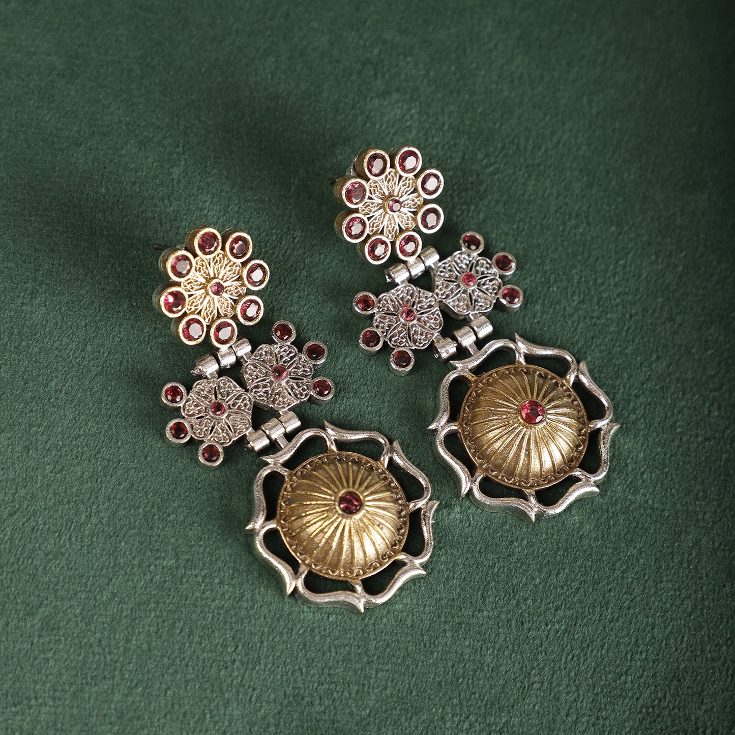 Ruby Regal Dual-Toned Earrings - Ruby Stone Gold Close-up - Spring Soul