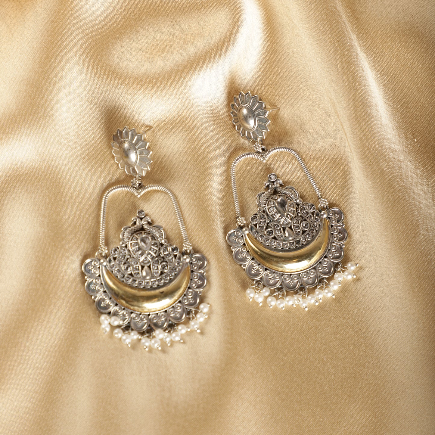 Dual-Tone Statement Chandbalis - Silver and Gold Filigree Close-up - Spring Soul