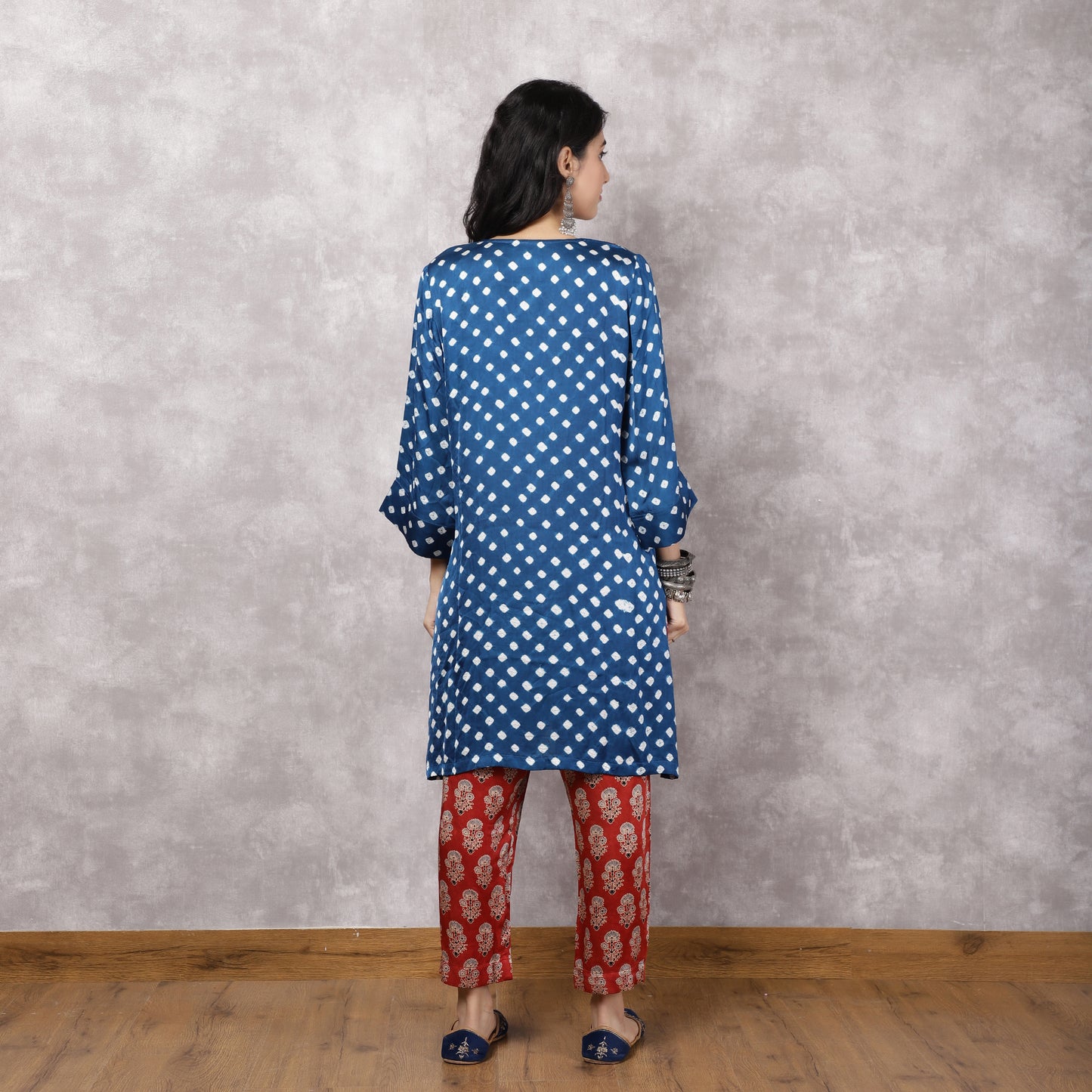 Blue Bandhani Patchwork Yoke with Ajrakh Pants Set