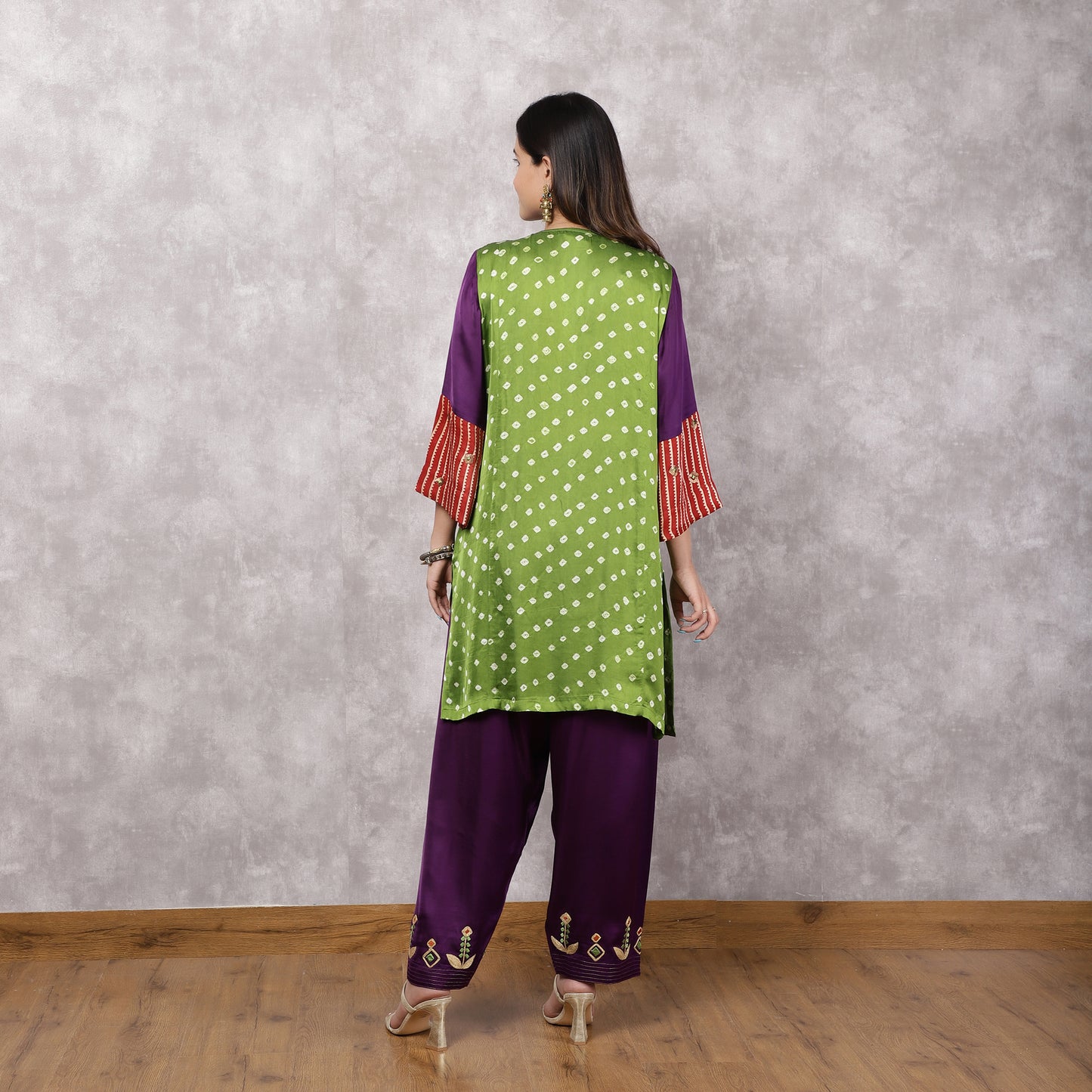 Multicolor Bandhani and Ajrakh Hand Embroidered Suit Set