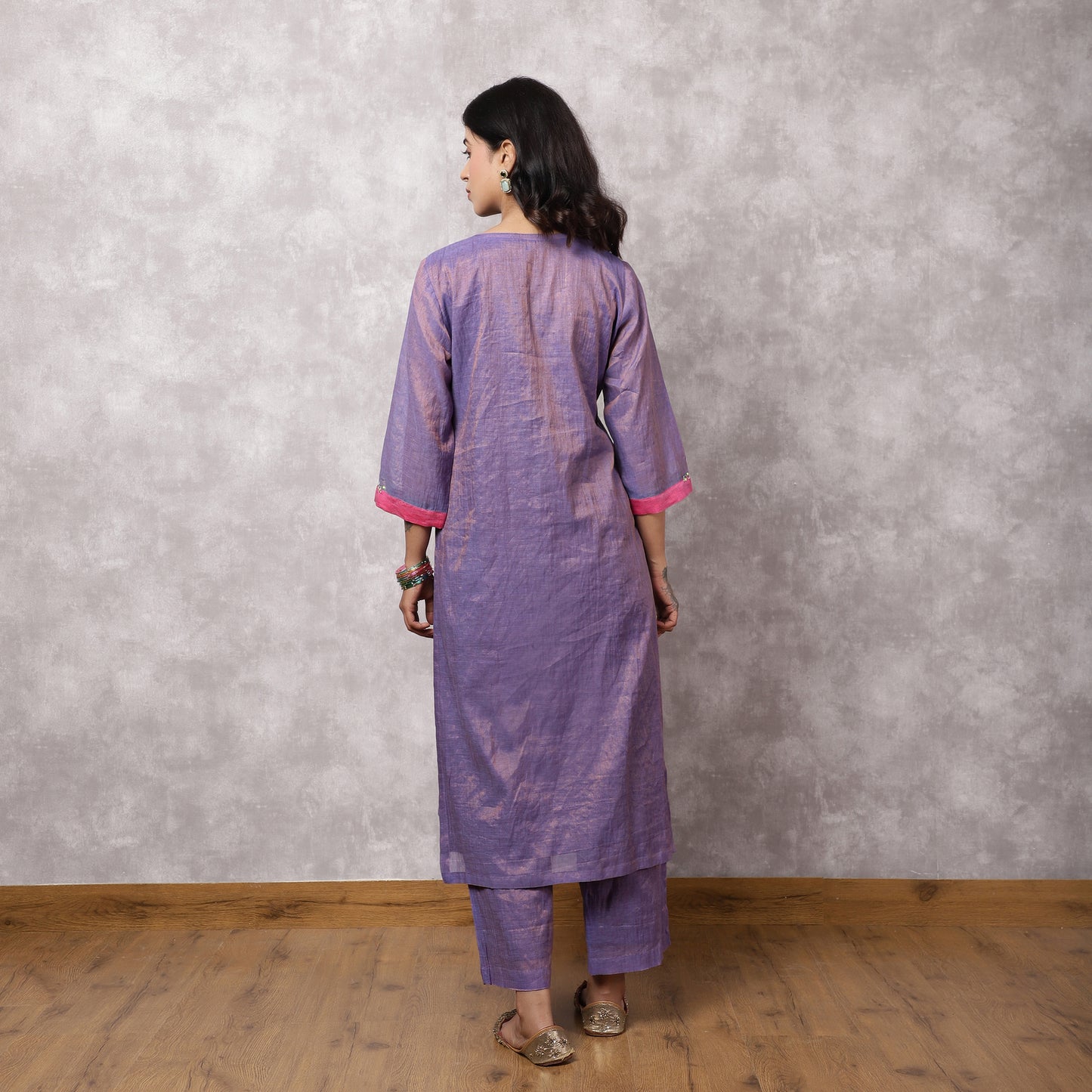 Purple Tissue Chanderi Patchwork Yoke Suit Set