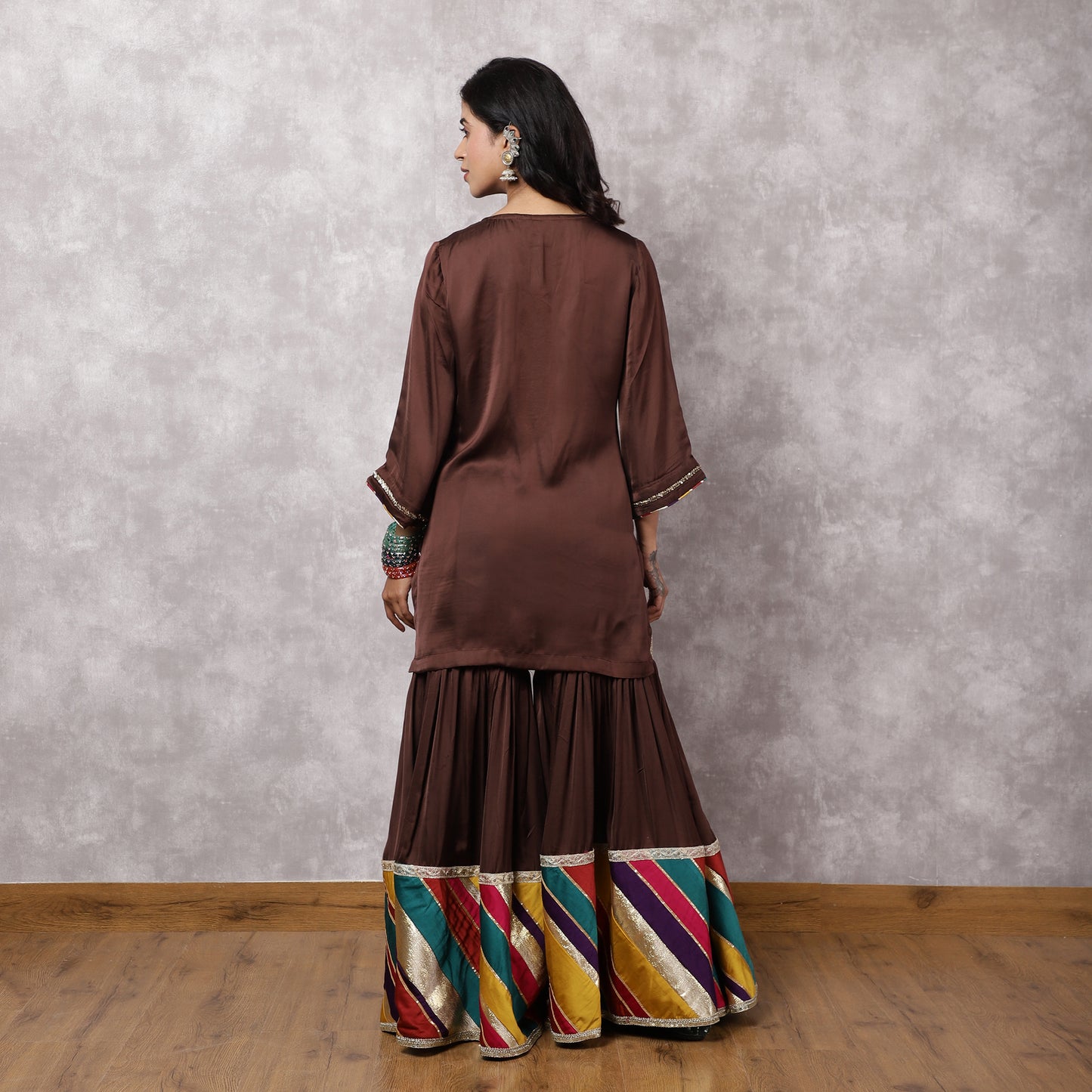 Brown Modal Silk Hand Embroidered Sharara Set with Patchwork and Dupatta
