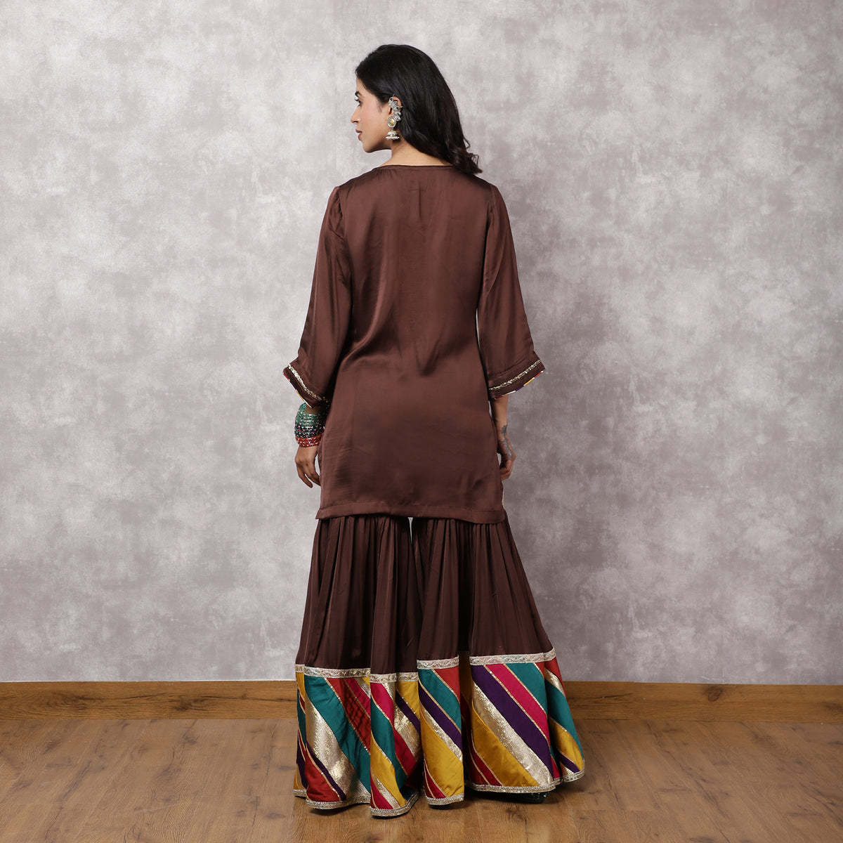 Brown Modal Silk Hand Embroidered Sharara Set with Patchwork