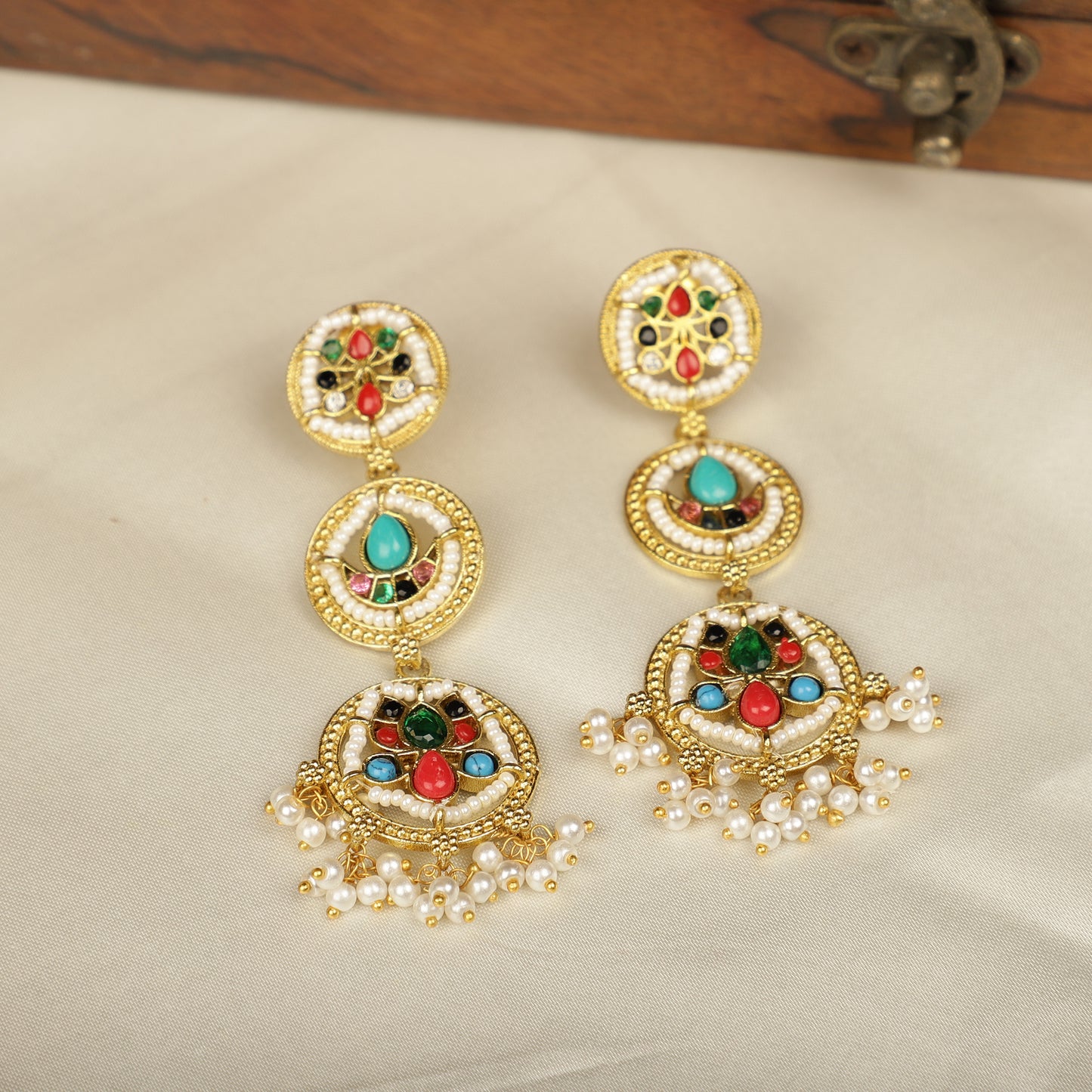 Gold-Toned Multi coloured Drop Earrings
