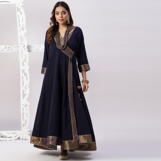 Cotton mulmul floor length full ghera anarkali with brocade and zari detailing