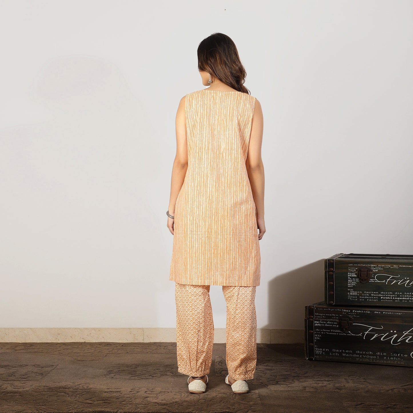 Orange Cotton striped kurta with Mirrorwork