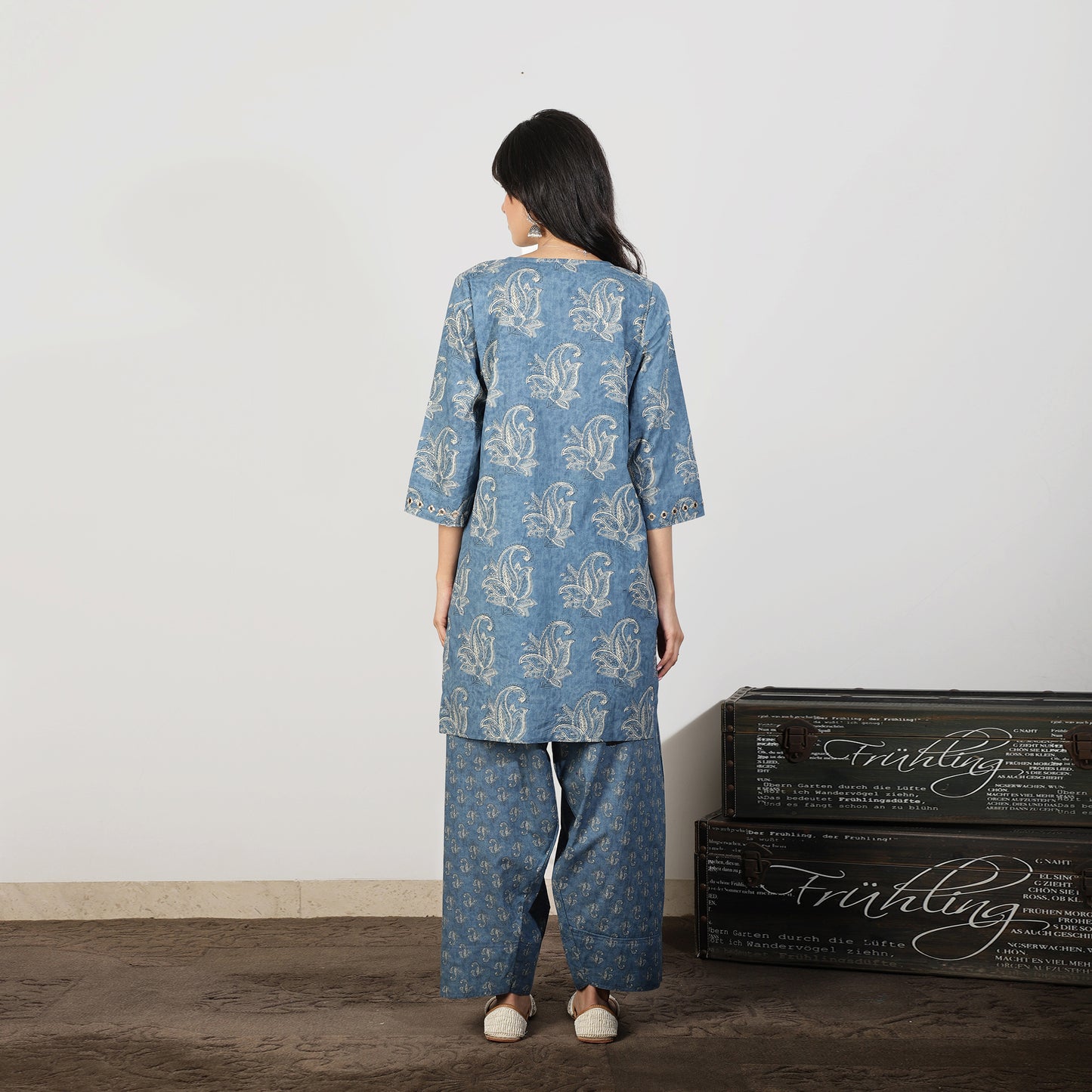 Blue Cotton kurta set with Farshi salwar and Mirrorwork