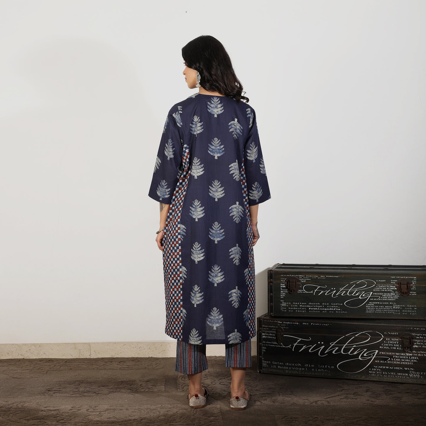 Indigo A-line kali kurta set with Striped pants and doriwork