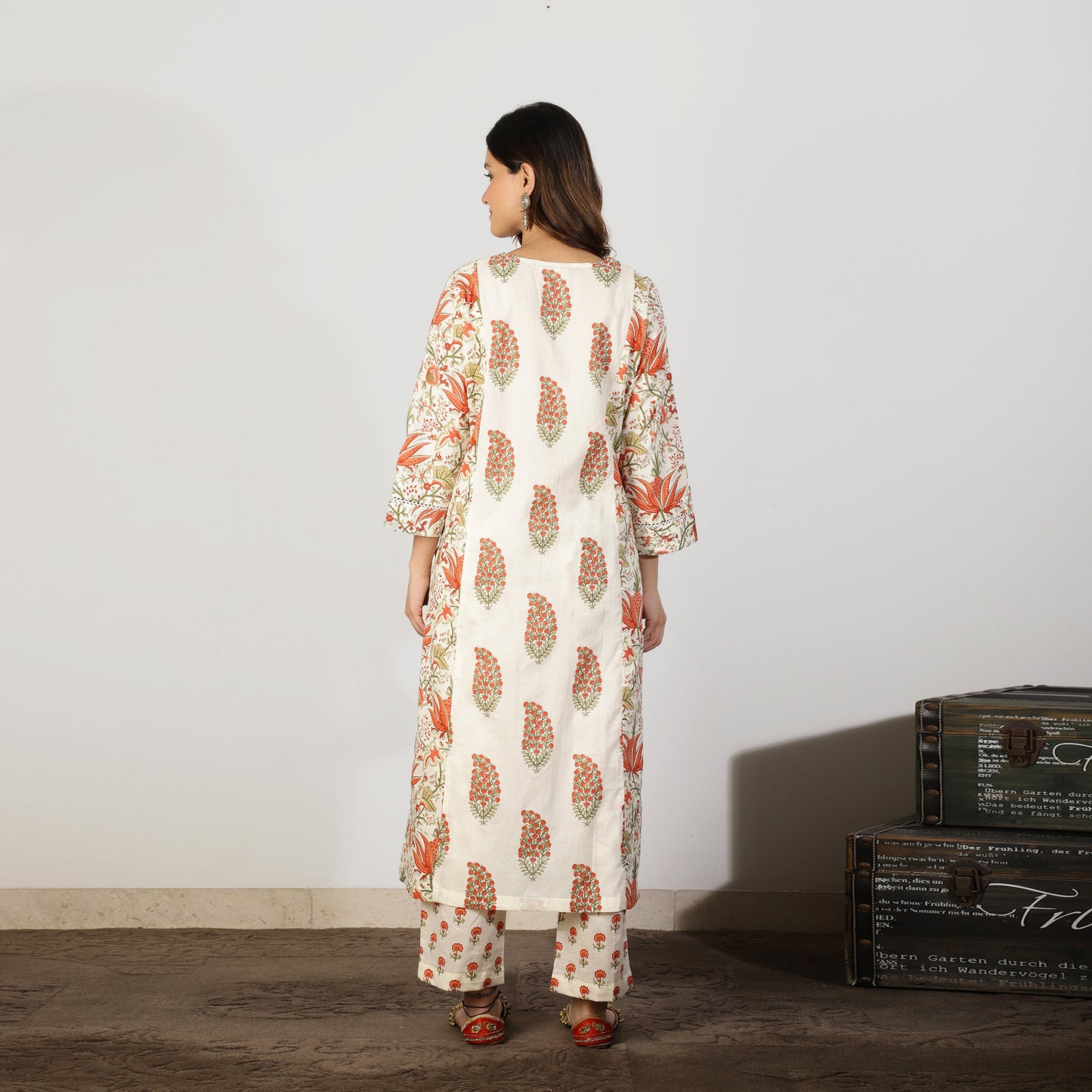 Orange A-line kali Mughal printed Kurta set