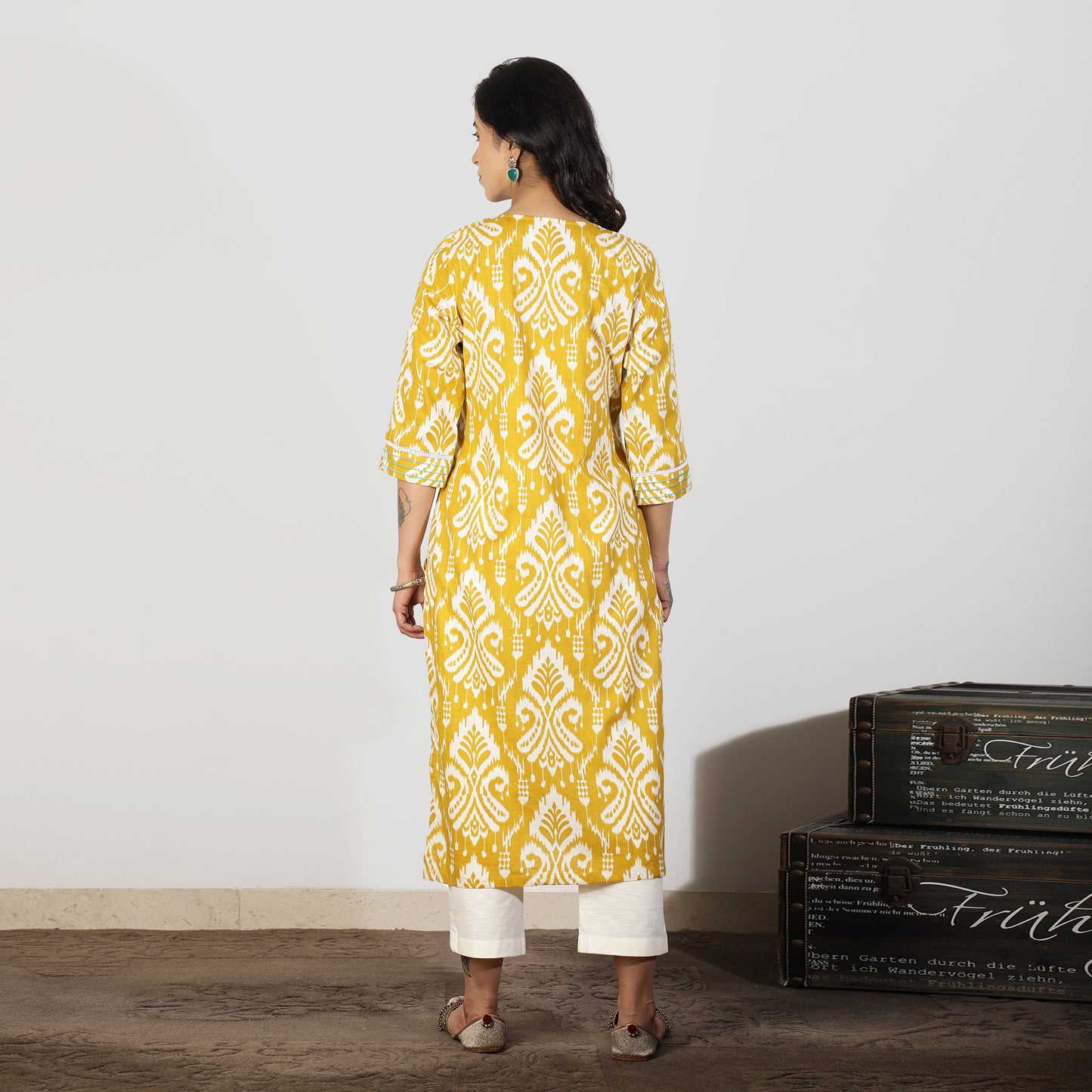 Yellow Ikat Kurta with Embroidered Yoke