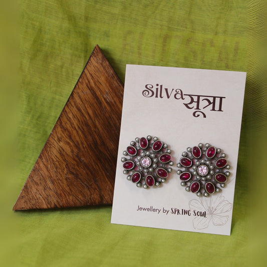 Crimson Silver Flower Studs