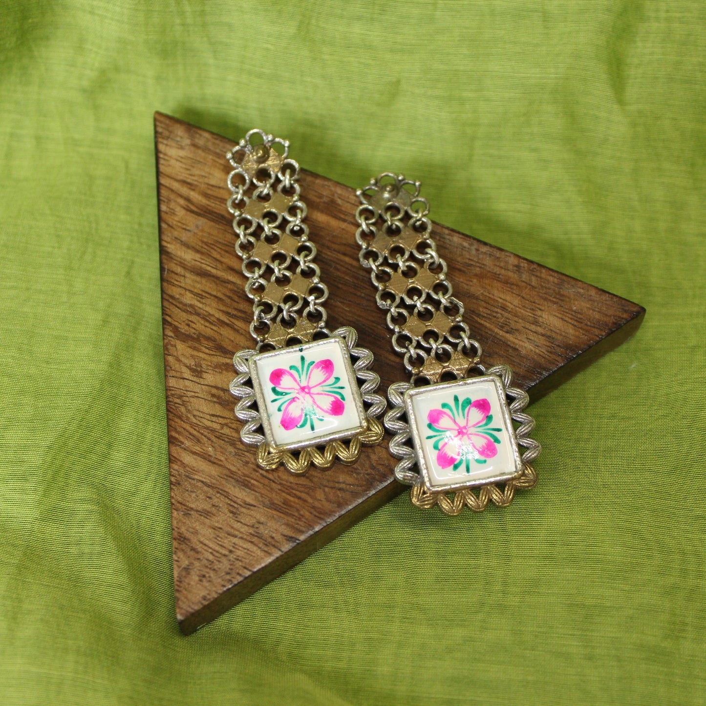 Hand-Painted Floral Silver Drops
