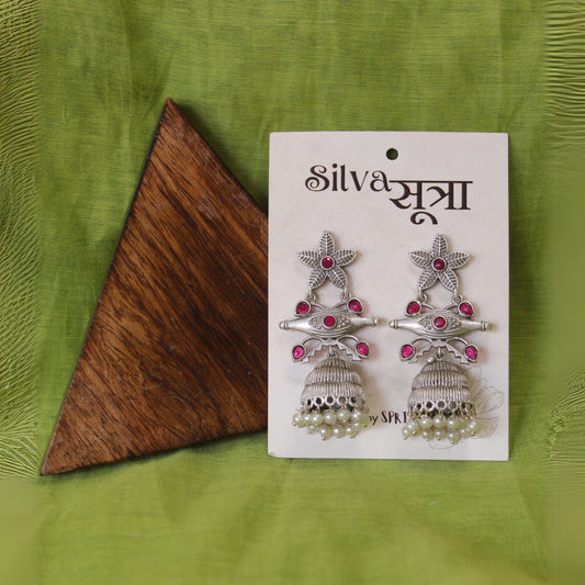 Silver Floral Jhumka Pearls