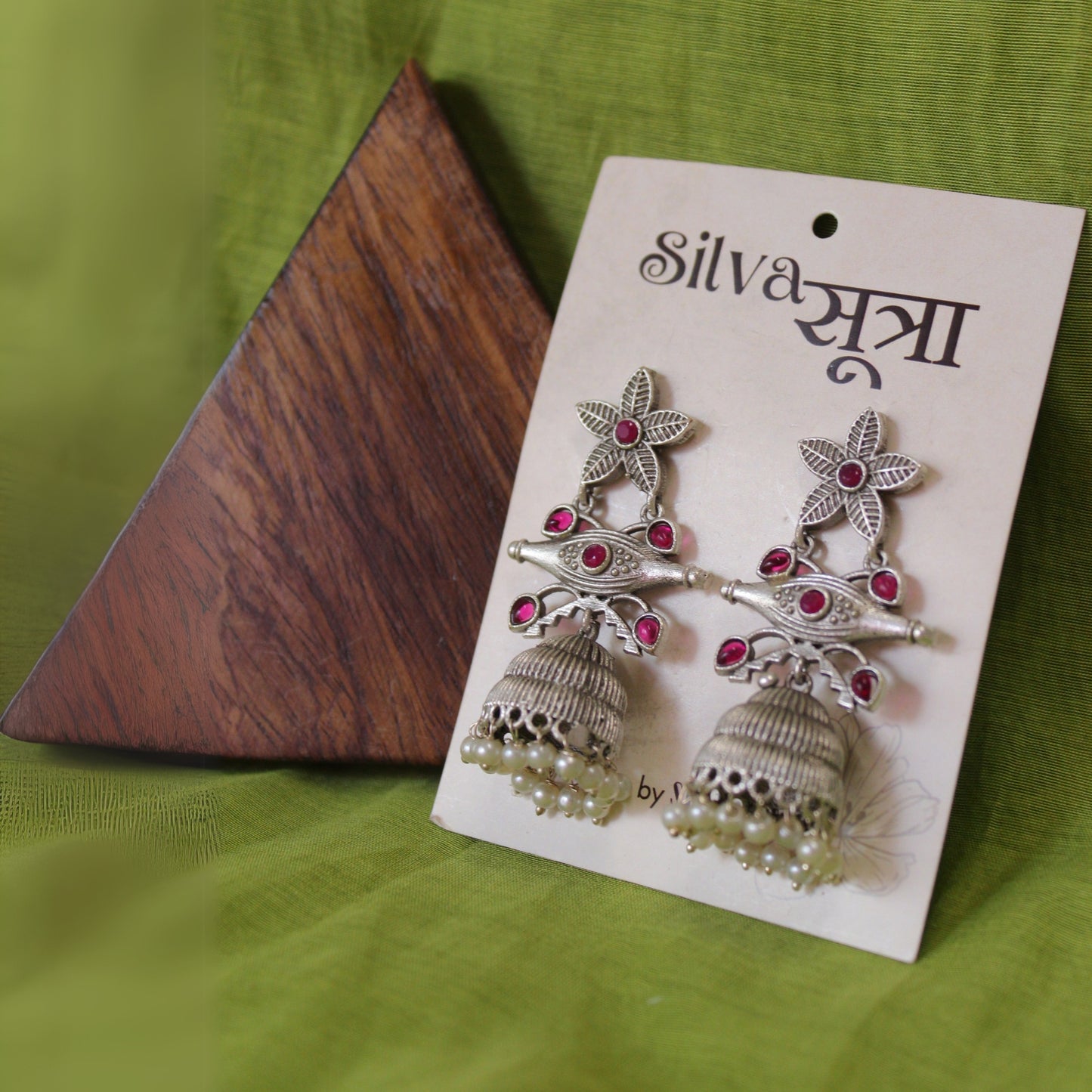 Silver Floral Jhumka Pearls