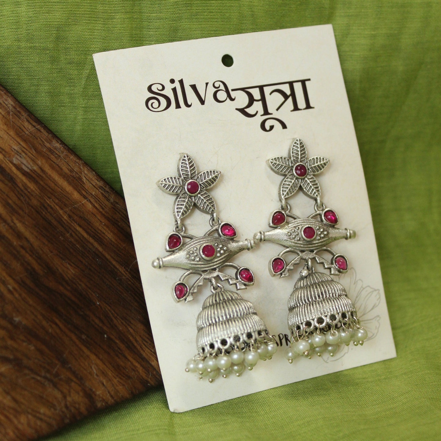 Silver Floral Jhumka Pearls