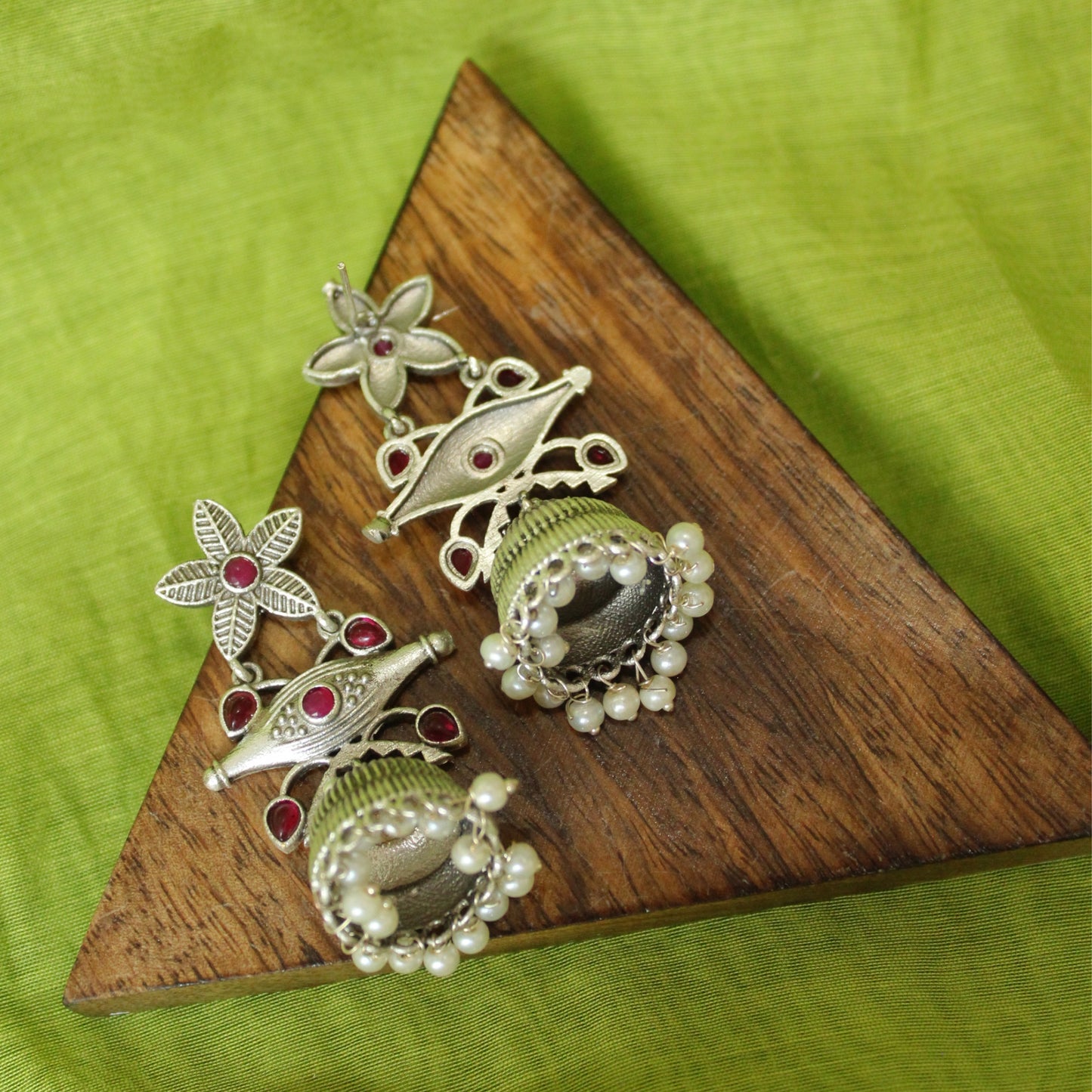 Silver Floral Jhumka Pearls