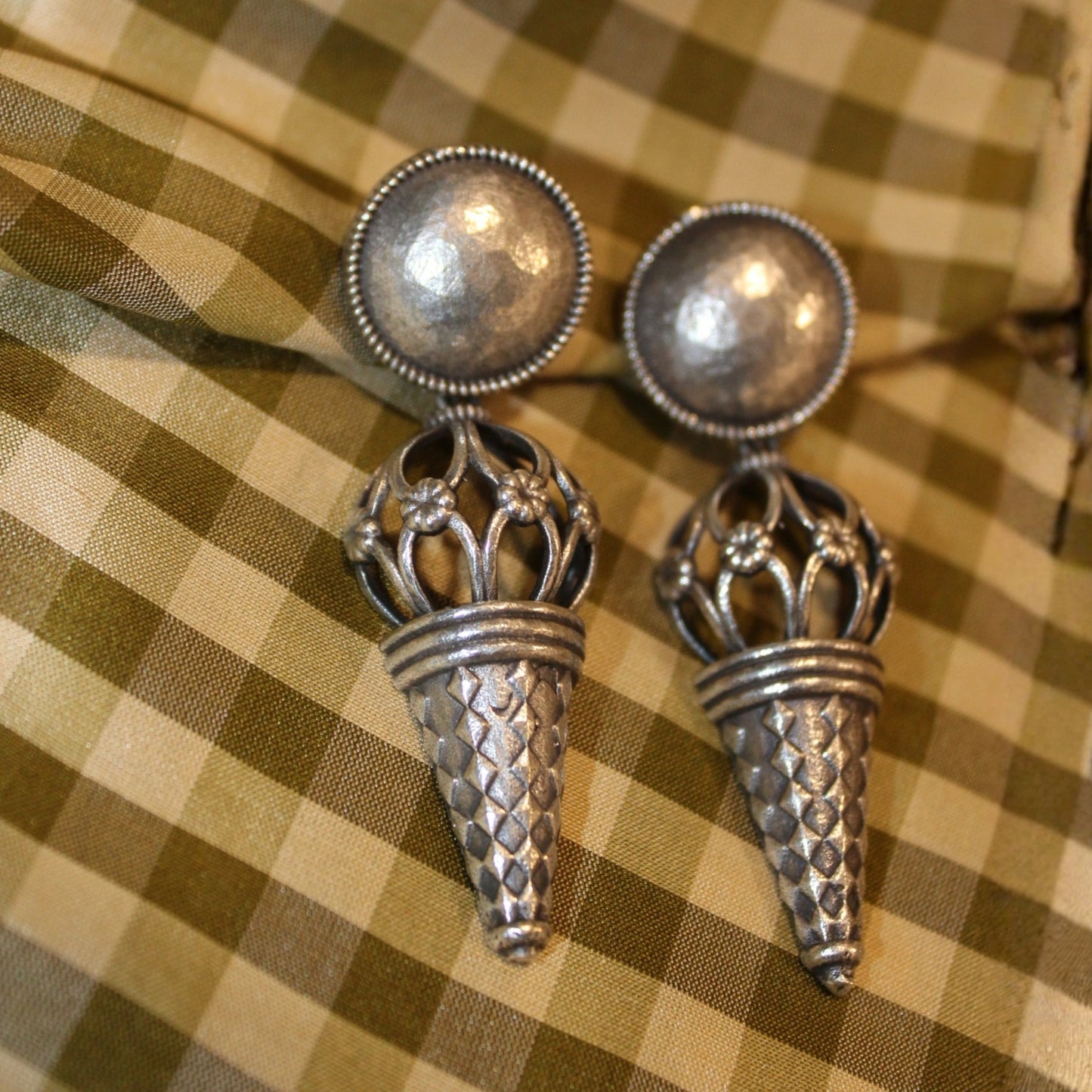 Silver Dome Drop Earrings