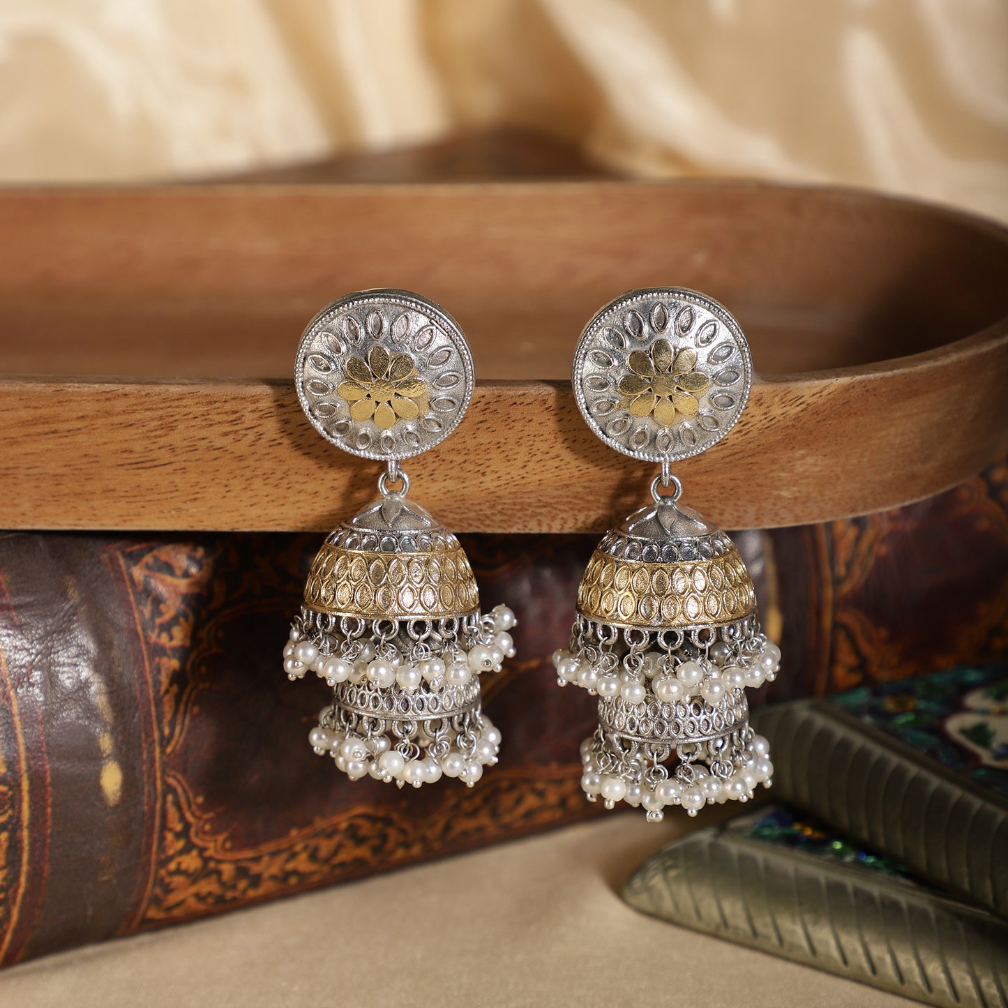 Dual-Tone Floral Tiered Jhumka