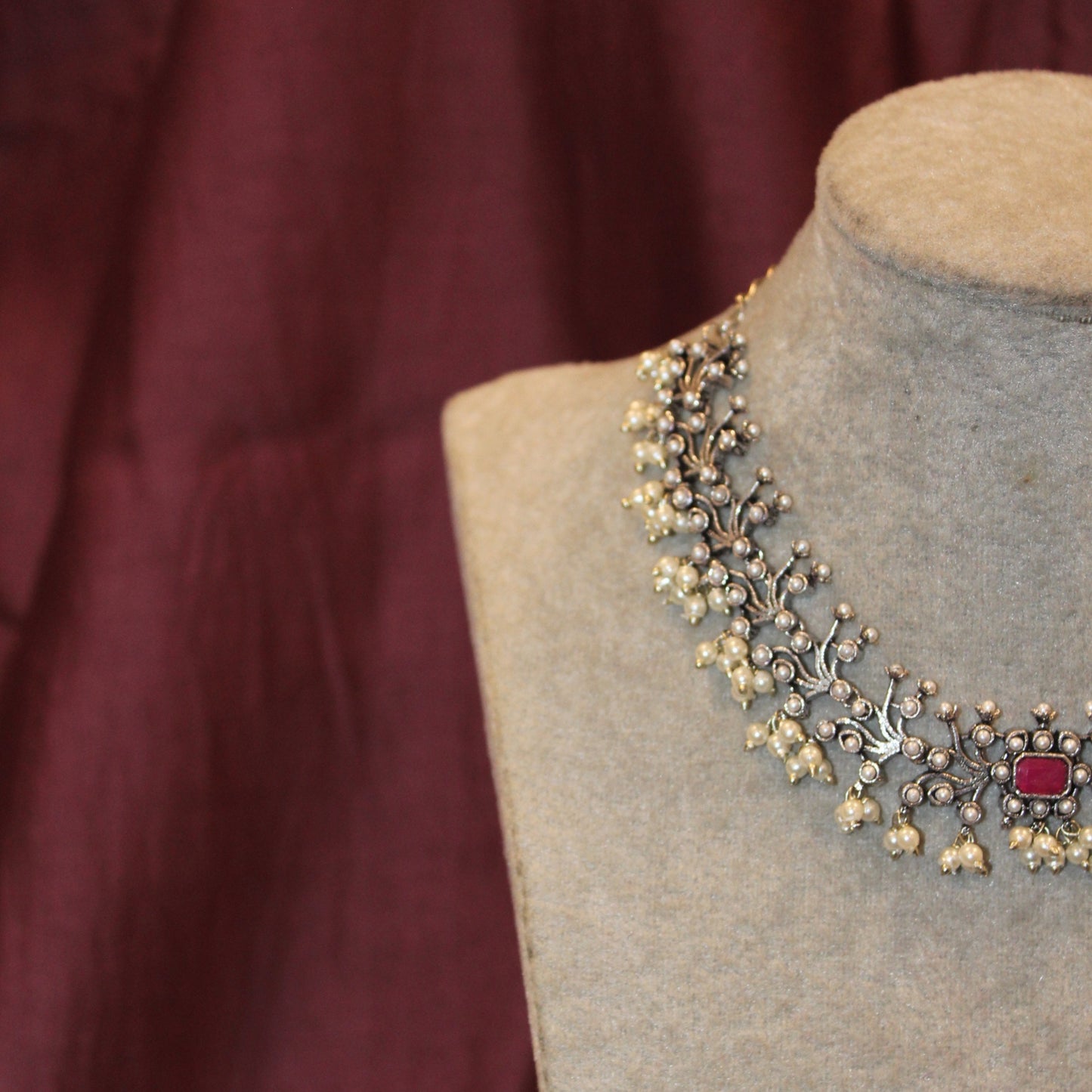 Ruby Stone Silver Necklace Set