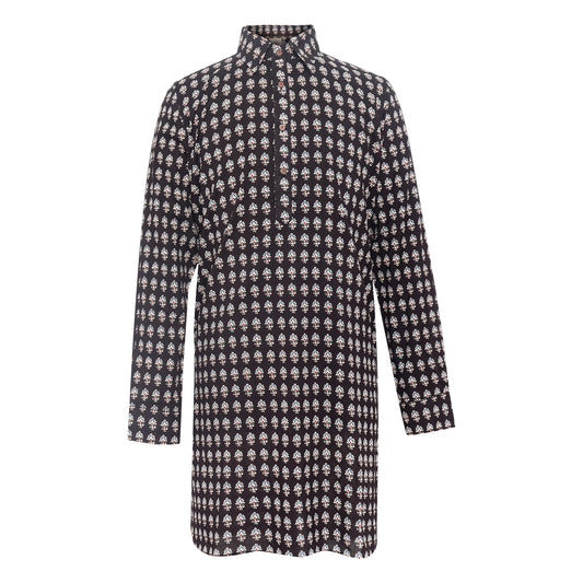 black men's block printed shirt collar cotton kurta